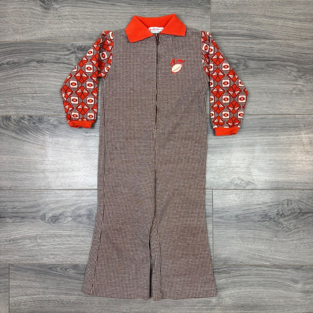 Vtg Health-tex 4T Sport Jumpsuit‎ Orange Knit Football Houndstooth USA 70s/80s